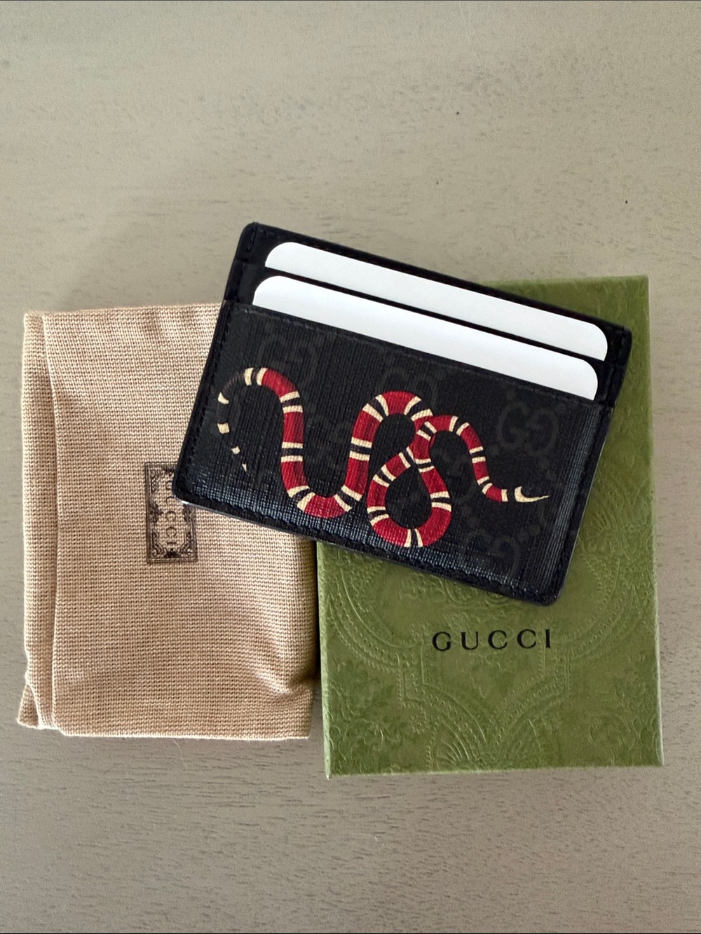 Gucci Black Leather Card Holder with Red & White Snake Motif